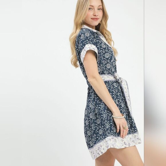 Umgee Border Print Belted Shirt Dress | 100% Cotton Polo Mini Dress sz Md - Picture 2 of 7